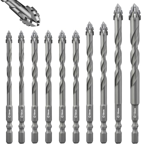 Flintronic 10 Piezas Brocas Porcelanico, Broca Ceramica Ø 5-12 mm, Taladro Excéntrico, Taladro de Vidrio con Vástago Hexagonal, para Madera Plástico Albañilería Baldosa Cerámica Vidrio Hormigón
