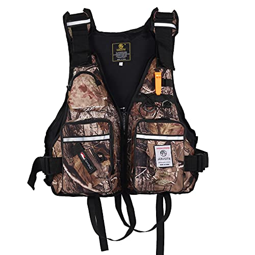 JKSPORTS Fishing Vest Safety Life Jacket for Swimming Sailing Boating Kayak Floating Multifunction for Men and Women Vest/Kayak (One Size(100-220 pounds),Leaf camo)