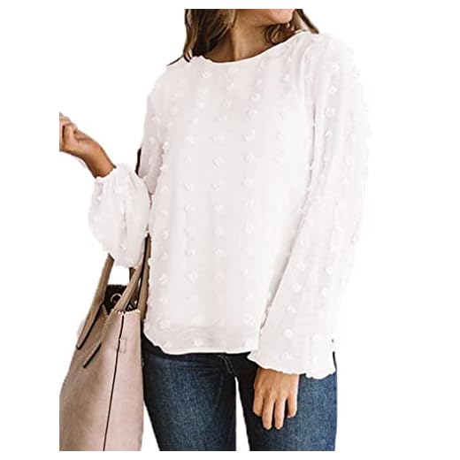 2021 Women’s Spring Autumn Chiffon Blouse Swiss Dot Bell Sleeves Swing Dressy Tunic Top (M, Z-White)