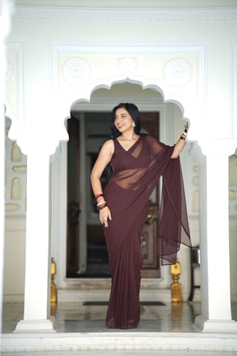 Image of StyleScope Women's Plain Georgette Ready To Wear One Minute Saree With Unstitched Blouse Piece (Kalki)