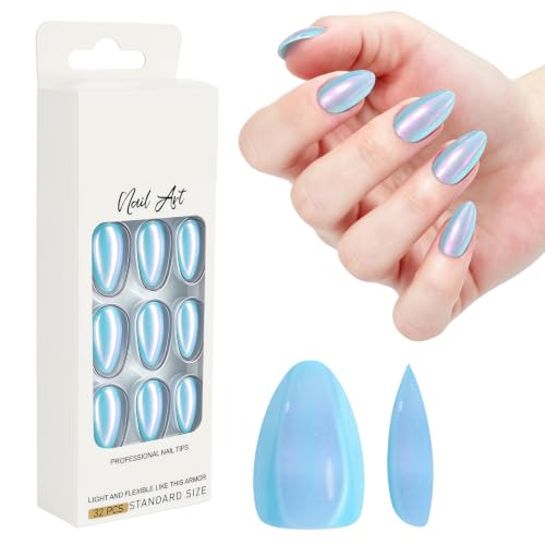 LOPHE Uñas Postizas Cortas, Uñas para Pegar, Brillo Azul-32 Piezas