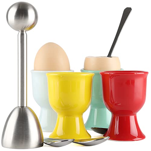 Eierbecher für weich gekochte Eier Eierknacker Topper Set enthält 4 Keramik Eierbecher 4 Löffel 1 Eierschneider für Küchenwerkzeug Cover