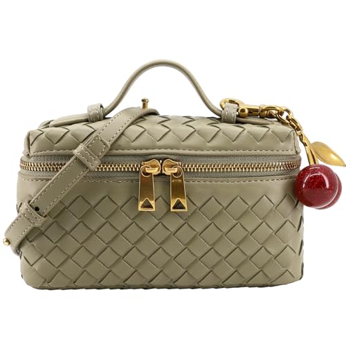 Image of Small Woven Box Crossbody Bags for Women Designer Leather Mini Top Handle Clutch Purse Square Vanity Bag with Cherry Charm