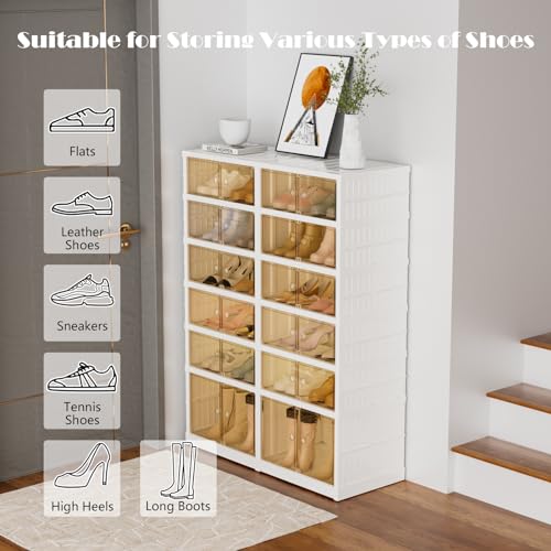 Image of 6-Tier Portable Shoe Rack Organizer for Closet, 24 Pairs Shoe Container Bins, Clear Plastic Collapsible Shoes Storage Box, Stackable Sneaker Storage Shoe Cabinet with Door