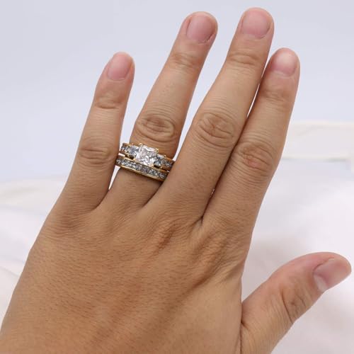 2.50/3.50 Carat(cttw) Princess-Cut Moissanite Engagement Ring Sets for Women,10K/14K/18K Real Gold 3 Stones Wedding Rings Set,Bridal Band Sets Free Engraved2