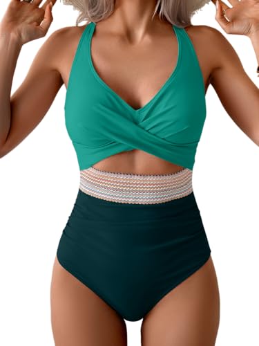 Image of B2prity One Piece Swimsuit for Women Tummy Control V Neck Bathing Suit Color Block High Waisted Cutout Swimwear