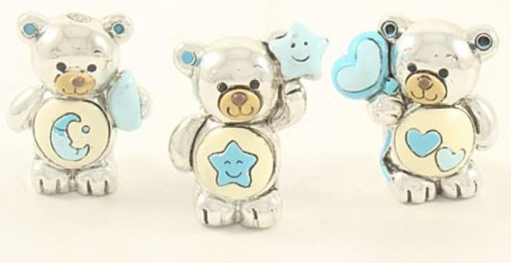 6 pz Orso Argentato Cuori Stella Luna Azzurro h.5 cm 3 Ass. bomboniera Nascita Battesimo