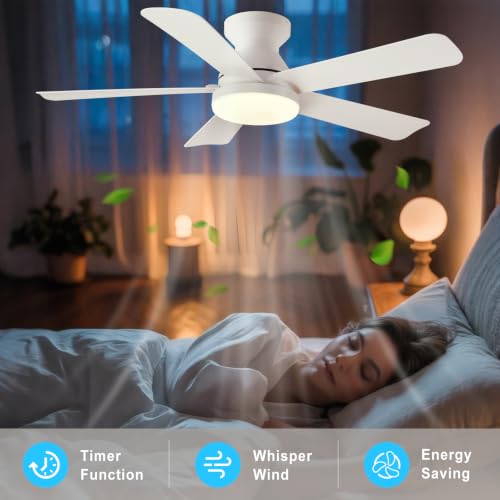 Image of Depuley Ceiling Fan with RGB Light: 42-Inch White Small Fans for Bedroom Indoor Outdoor - Dimmable Low Profile Ceiling Fans with Remote Control Flush Mount 5 Reversible White Blades 6 Speeds Timer