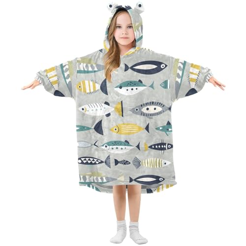 Couverture à capuche surdimensionnée pour filles en polaire chaude à motifs pavots et poissons