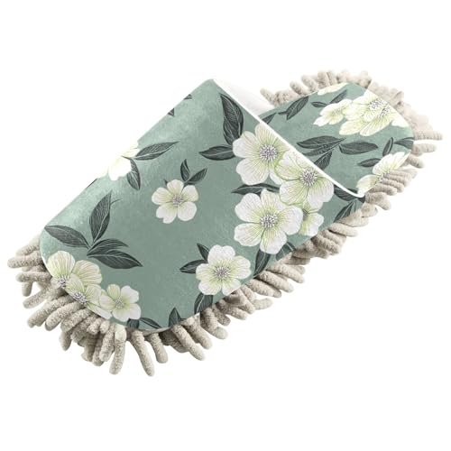 Kigai White Flowers Mop Slippers for Floor Cleaning, Slippers for Women Men, Microfiber Floor Cleaning, M