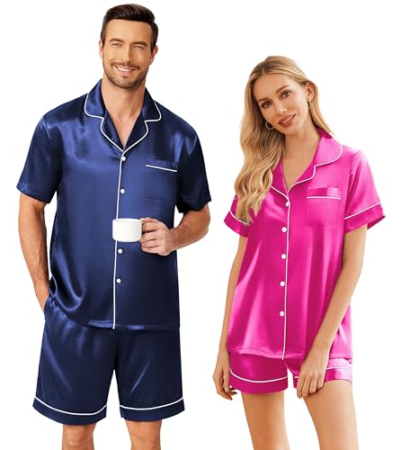 Image of Ekouaer Couple Matching Pajamas Sets Silk Short Sleeve Button Up Sleepwear