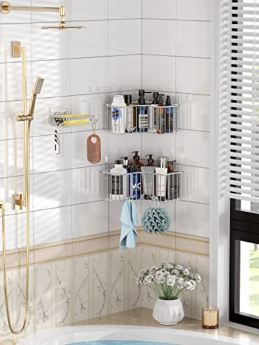 Smartake Corner Shower Caddy, 3-Pack Adhesive Shower Organizer Deep Basket With Soap Holder And Hooks, Shower Shelf Rustproof Stainless Steel, Shower Rack Storage For Bathroom Kitchen Fit 90° Wall #TOP3