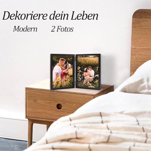 AVEAX Doppelter 10 x 15 Bilderrahmen Klappbarer Bilderrahmen aus Holz mit Glasfrontständer vertikal auf dem Desktop, schwarz (Packung mit 2) – Ansicht 4