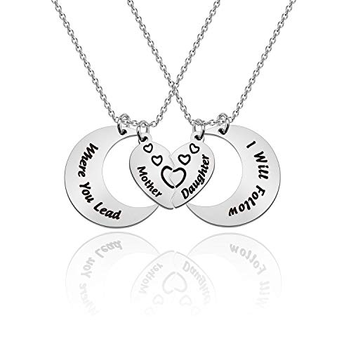 LQRI Mother Daughter Set Necklace Mother Gift Where You Lead I Will Follow Mother Daughter Matching Moon Love Heart Necklace