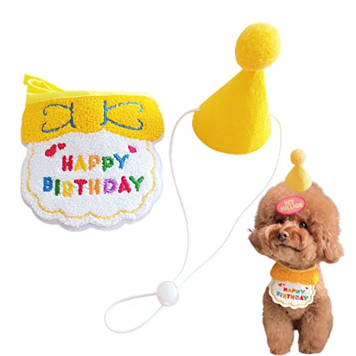 犬 誕生日 帽子 バンダナ ペット 飾り付け 誕生日グッズ 2点セット HAPPY BIRTHDAY よだれかけ 唾液タオル 柔らか 可愛い おしゃれ 調整可能 犬猫 誕生日プレゼント 散歩 食事用 イエロー