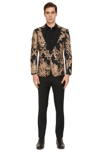 Men’s Black and Rose Gold Floral Embroidered Blazer Suit Black Pants – Luxury Tuxedo Jacket for Weddings, Proms, and Parties