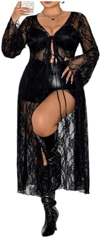 SHENHE Women's Plus Size Lace Duster Cardigan Tie Front Bell Slee...