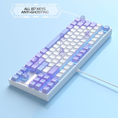 Image of MageGee 75% Mechanical Gaming Keyboard, Red Switch, LED Blue Backlit, 87 Keys Compact TKL Wired Computer Keyboard for Windows Laptop PC Gamer - White /Purple