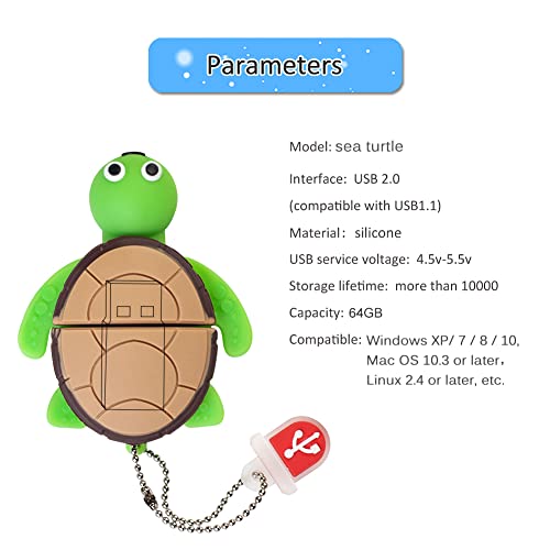 Image of BorlterClamp 64GB USB Flash Drive Cute Cartoon Sea Turtle Model Memory Stick, Gift for Students and Children