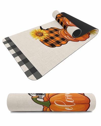 Debedcor Heat Proof Table Pads Waterproof Decorative, Orange Black Pumpkins Fall Non-Slip Table Countertop Protector, Thanksgiving Sunflower Plaid Insulation Mat for Kitchen Room, 40 x 12 Inches