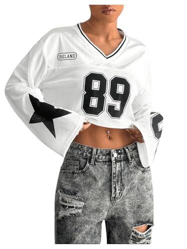 Milumia Women's Number Print Jersey Shirts Y2k Bell Long Sleeve V Neck Crop Top Streetwear