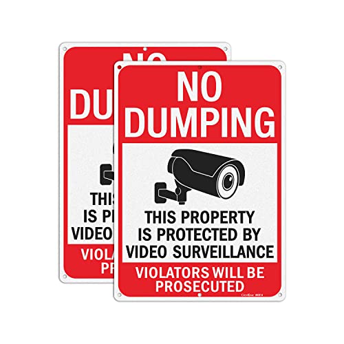 GicnKeuz Large No Dumping signs 14x10 Inches Property Protected by Video Surveillance signs Reflective Aluminum Fade Resistant/Waterproof Indoor or Outdoor Use (2-Pack)