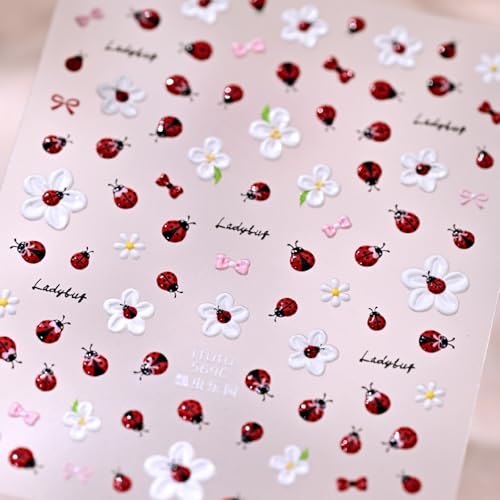 Image of Ladybug Nail Stickers for Nail Art Spring Floral Nail Decals Self Adhesive Design DIY Manicure Charms Supply Decoration Accessories for Women