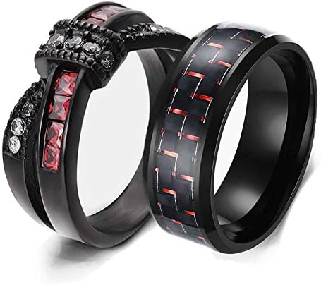 wedding ring set His Hers Couples Matching Rings Women's Black Gold Filled Red Ruby CZ Wedding Engagement Ring Bridal Sets & Men's Stainless steel Wedding Band