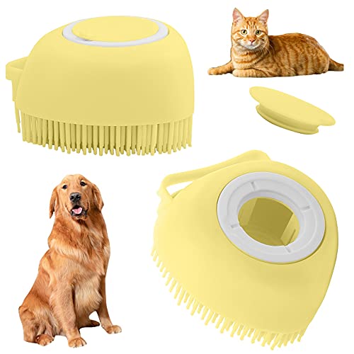 Dog Bath Drush Comb Silicone Rubber,Grooming Shower Brush for Short Long Haired Dogs and Cats Washing,Puppy Massage Soft Brush Hair Fur Grooming Cleaning,Shampoo Dispenser (Yellow)