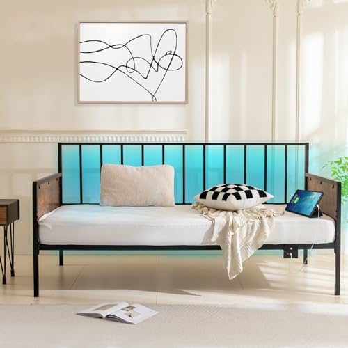YOSHOOTDaybed with Charging Station and LED Lights, Farmhouse Metal Day Bed Frame with Steel Slats, Multifunctional Sofa Daybed Frame for Living Room and Bedroom, Easy Assembly
