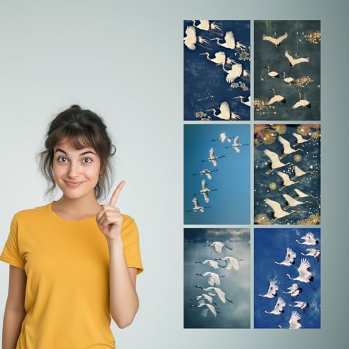 Image of SiddArtify Elegant Japanese Cranes Art Print Set - 300GSM Board - 8x12 Inch - Pack of 6 Wall Room Decoration art Poster Prints
