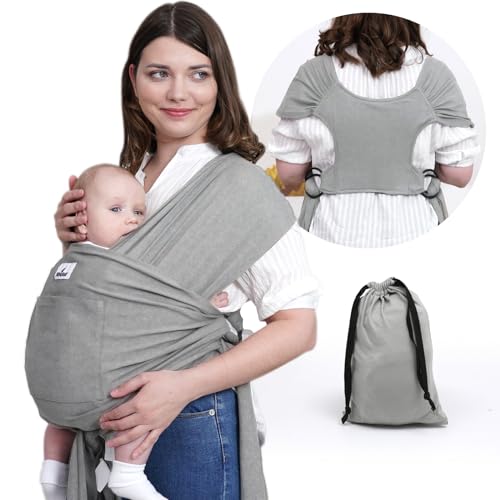 Image of Jeroray Baby Wrap Carrier Sling: Baby Wearing Wraps Newborn to Toddlers Infants Stretchy Easy to Wear Hands Free Plus Size, Light Grey