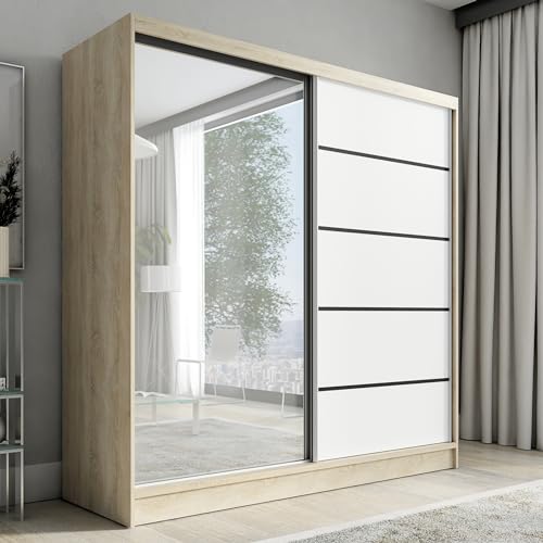 A&J MöbelLand Schwebetürenschrank Nero Kleiderschrank 2-türig mit Schubladen und Spiegel, Garderobe 200 cm (Sonoma/weiß) A&J MöbelLand Schwebetürenschrank Nero Kleiderschrank 2-türig mit Schubladen und Spiegel, Garderobe 200 cm (Sonoma/weiß)