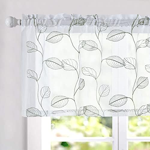 Topick White Sheer Sage Green Leaf Curtain Kitchen Valance for Windows Leaf Embroidered Voile Small Curtain Valance Semi Sheer Farmhouse Curtain 18 Inch Rod Pocket 1 Panel Green on White