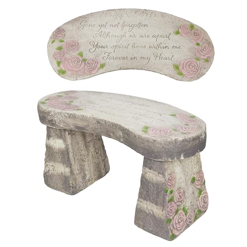 Alpine Corporation Rose Memorial Garden Bench YEN626S - 29 Long Outdoor Garden Dcor Bench with Carved Sentiment Gone Yet Not Forgotten Pink Roses