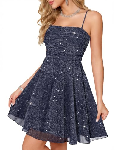 Meetjen Short Homecoming Dresses for Teens Prom Fancy Ruched, Navy, M