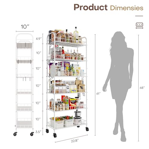 Qiaoxuan 6 Tier Slim Rolling Storage Cart with Wheels, Metal Mobile Shelving Unit Organizer Utility Cart for Office Bathroom Kitchen Laundry Room Narrow Places (White 10 Inches) by Qiaoxuan - Image 7