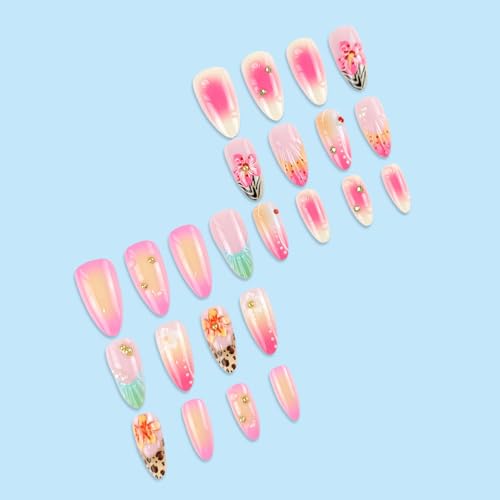 Summer Tropical Press On Nails Medium Almond, Colorful Fake Nails with Leopard Print and Floral Designs, Beach Shell Glossy Finish French Tip False Nails for Women 12Sizes-24 Nail Kit — view 3