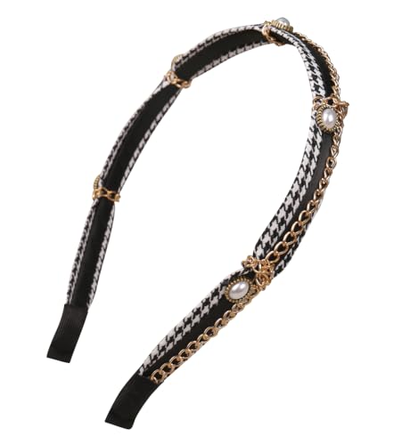 YARN & INK Women's Black Pearls Thin Fabric Headbands, 80s Fashion Vintage Jeweled Headband Hair Accessories for Women Girls (Houndstooth Black)