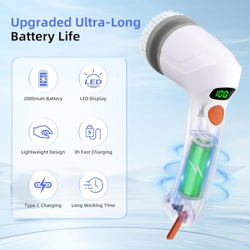 Sivomens Electric Spin Scrubber, Power Shower Scrubber with 6 Replaceable Heads & LED Display, 2 Speeds, Bathroom Scrubber Electric for Cleaning Stove, Tile, Bathtubs,Baking Sheet, Car, White