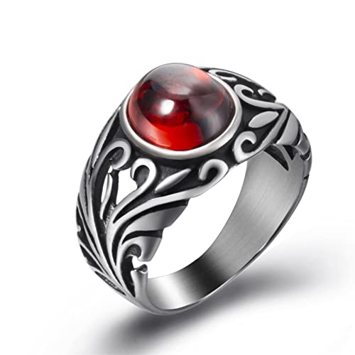 Elfasio Gemstone Ring Men Stainless Steel Vintage Openwork Pattern Red Stone Silver Ring Size 10 #TOP10