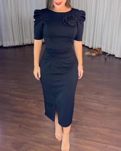 Women's Bodycon Midi Dress Ruched Puff Sleeve Cocktail Pencil Dress Casual Slit Party Work Dresses3