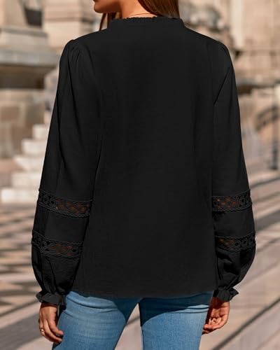 KIRUNDO Going Out Tops for Women 2026 Spring Fashion Boho Cotton Eyelet Long Sleeve Button Up Shirt Lace Dressy Casual Blouse(Black, X-Large) — view 2