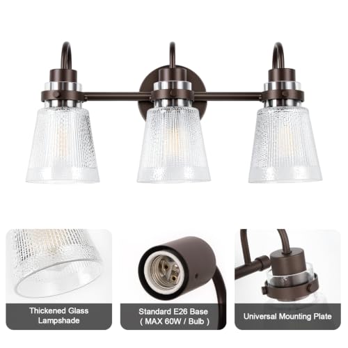 Image of 3-Light Bathroom Vanity Light, Farmhouse Bathroom Light Fixture with Clear Striped Glass Shade, 18.8 Inch Oil Rubbed Bronze Wall Sconce Lighting Over Mirror for Bedroom Hallway Cabinet