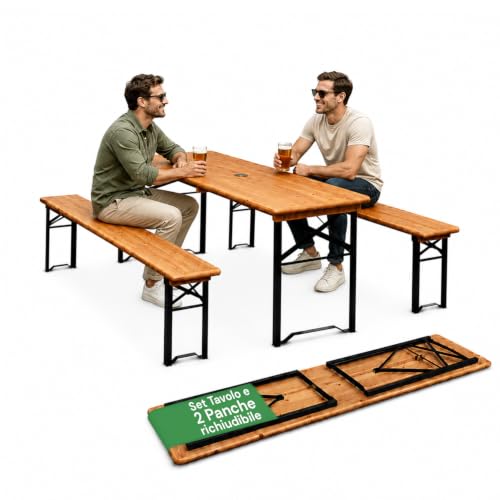 Avilia Set Birreria Tavolo Pieghevole con 2 Panche 180 cm, Legno e Ferro | Tavolo da esterno con foro ombrellone 5 cm e panche pieghevoli, portata tavolo 200 kg, spessore da chiuso 2,5 cm