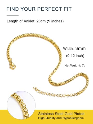 Image of ChainsPro Resizable Anklet Chain for Women Men, Figaro /Wheat /Twist Rope /Cuban Foot Bracelet-Strong with Good Clasp-18K Gold Plated(Send Gift Box)