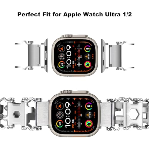 Hapysen 29 in 1 Multitools Stainless Steel Tool Wearable Bracelet for Men Compatible for Apple Watch Ultra 1&2, Survival Camping Travel Multitools Watch Band, Silver