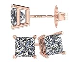 Central Diamond Center 14K Gold Posts & Sterling Silver Princess Cut CZ Stud Earrings - 5.5mm 2.00cttw - Rose Gold Plated