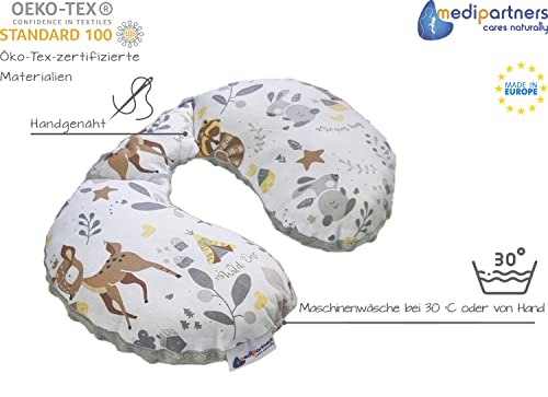 Medi Partners Nackenkissen Kinder Nackenhörnchen Auto Flugzeug Baby - 100% Baumwolle/Minky Nackenstütze Kopfstütze Kindersitz Autositz Nackenrolle Kissen (Reh mit grauem Minky)