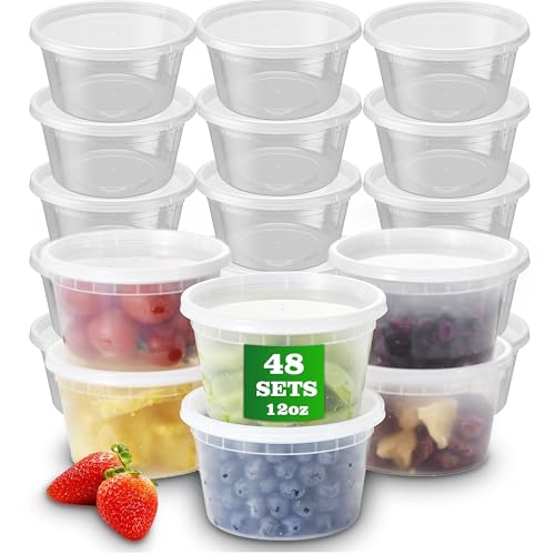 APSIC Plastic Deli Containers with Lids, 48 Sets 12oz Leakproof Soup Storage Containers for Restaurant, Round Takeout Deli Cups for Food Slime Meal Prep Leftover, BPA Free, Microwave/Freezer Safe